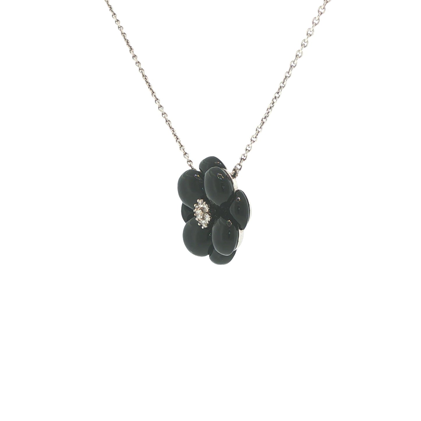 Van Cleef & Arpels 18K White Gold Onyx & Diamond Floral Pendant Necklace