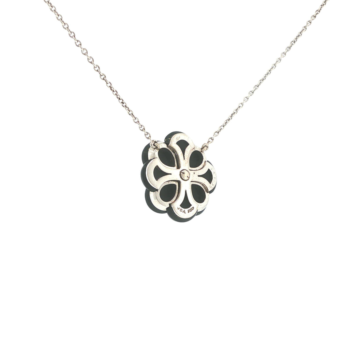 Van Cleef & Arpels 18K White Gold Onyx & Diamond Floral Pendant Necklace