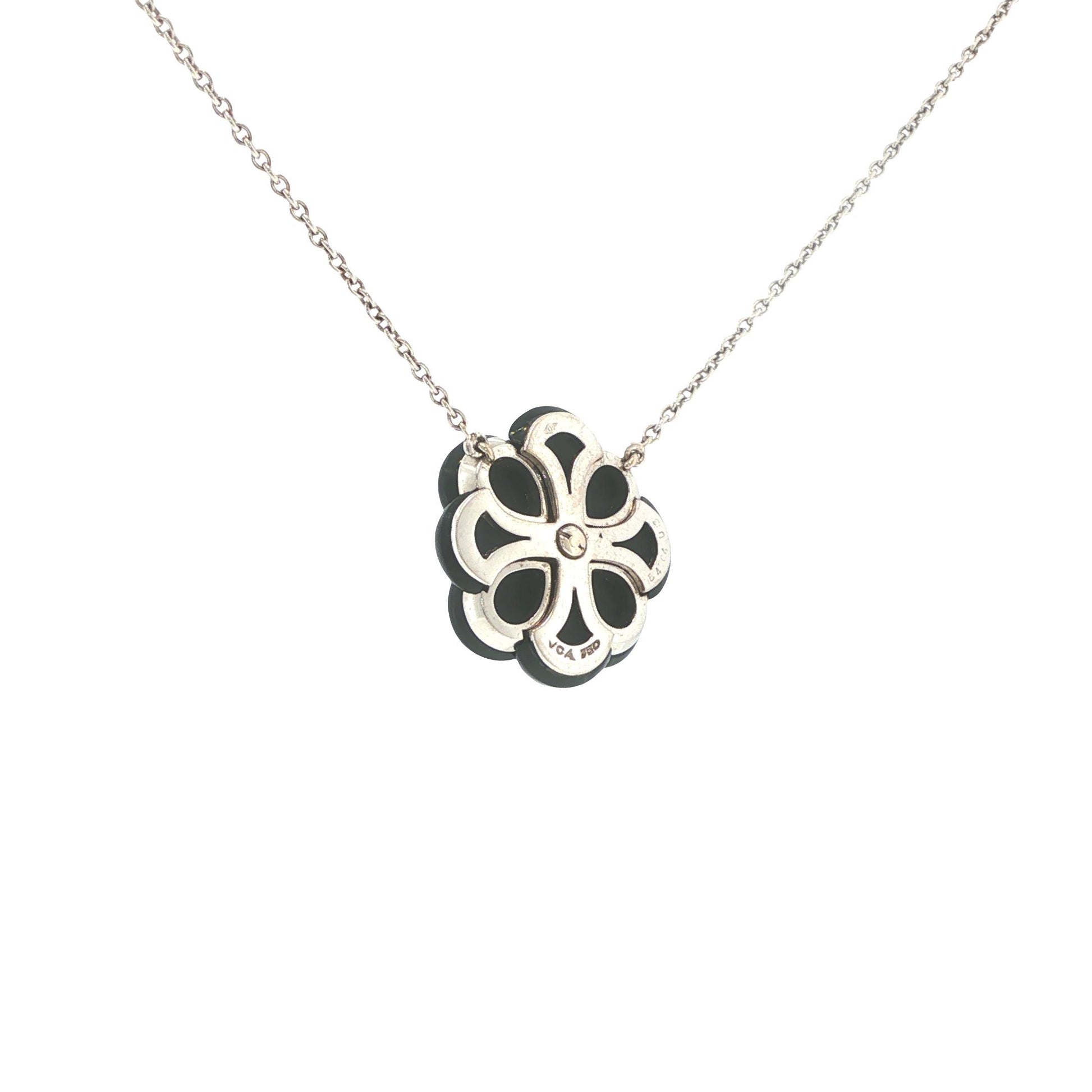 Van Cleef & Arpels 18K White Gold Onyx & Diamond Floral Pendant Necklace
