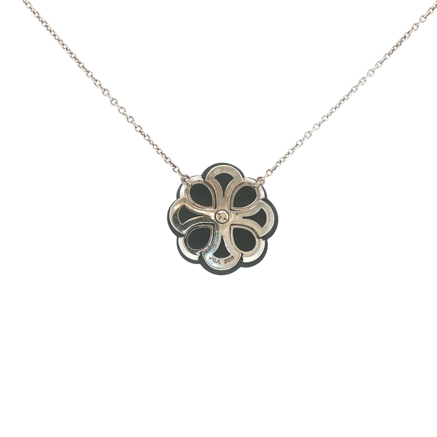Van Cleef & Arpels 18K White Gold Onyx & Diamond Floral Pendant Necklace