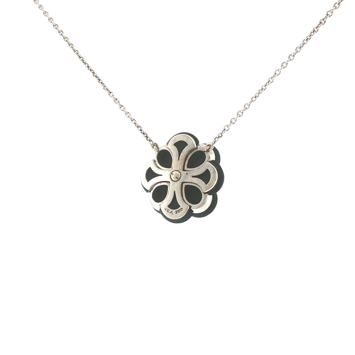 Van Cleef & Arpels 18K White Gold Onyx & Diamond Floral Pendant Necklace