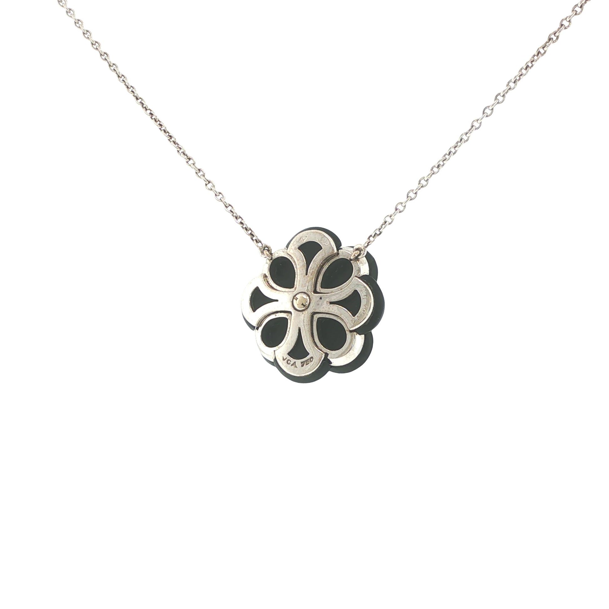 Van Cleef & Arpels 18K White Gold Onyx & Diamond Floral Pendant Necklace