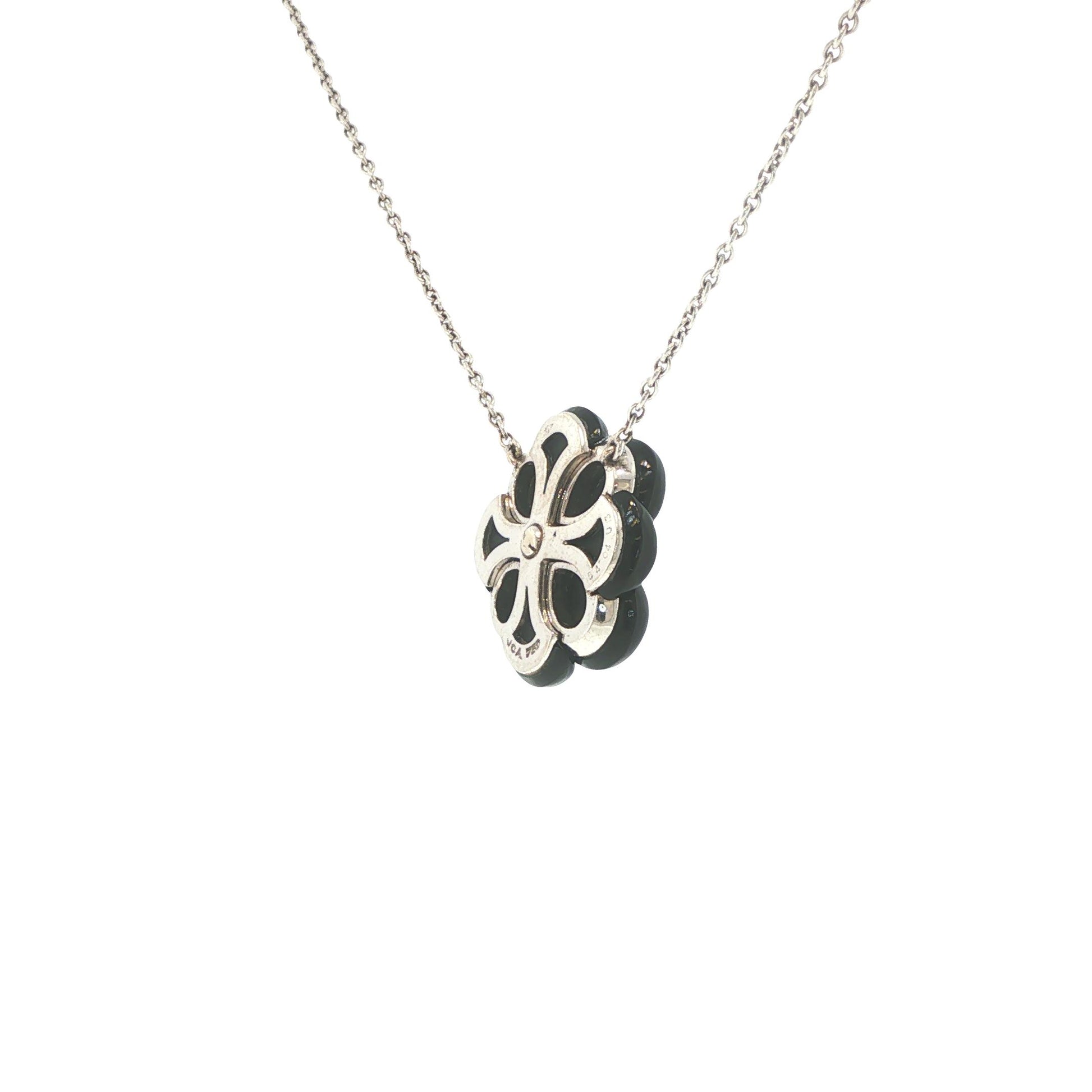 Van Cleef & Arpels 18K White Gold Onyx & Diamond Floral Pendant Necklace