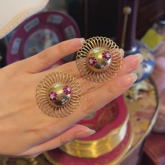 Retro 14K Gold Ruby Diamond Sunflower Earrings