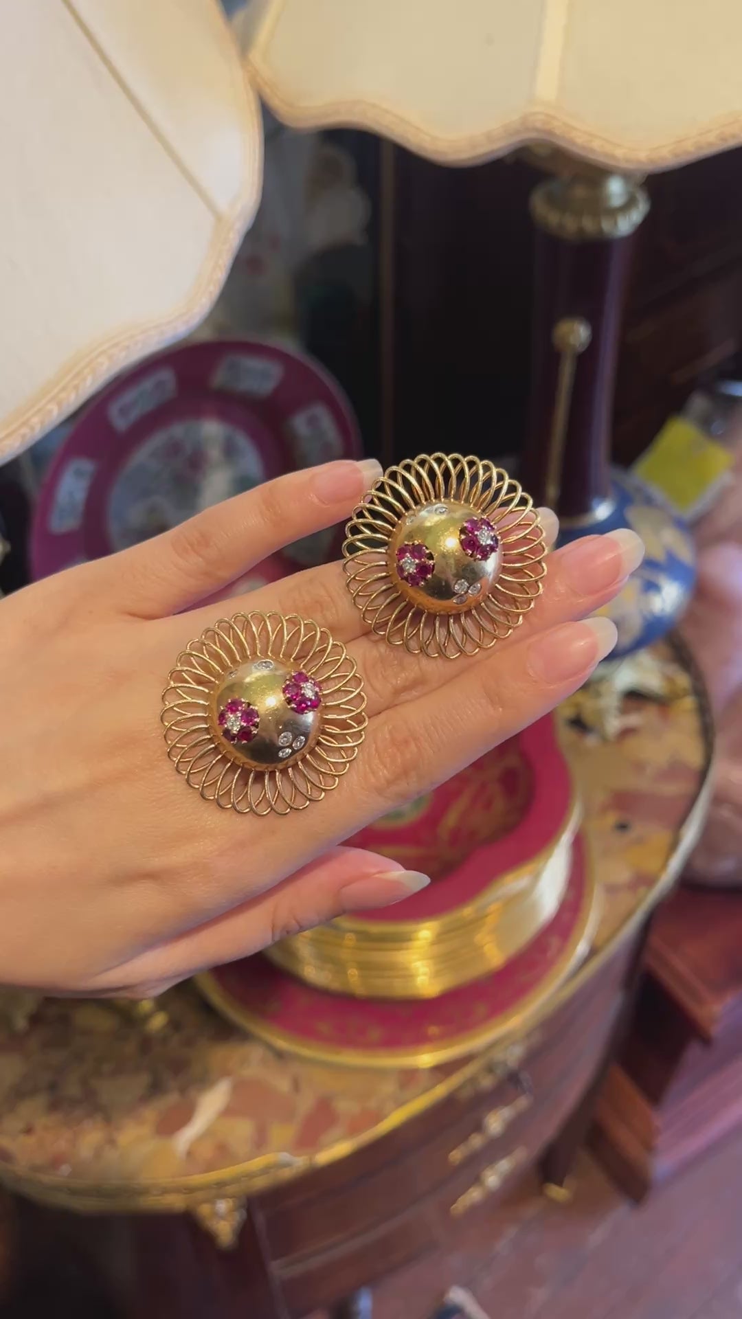 Retro 14K Gold Ruby Diamond Sunflower Earrings