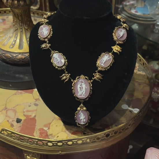Antique 18K Gold Pink Agate Cameo Necklace