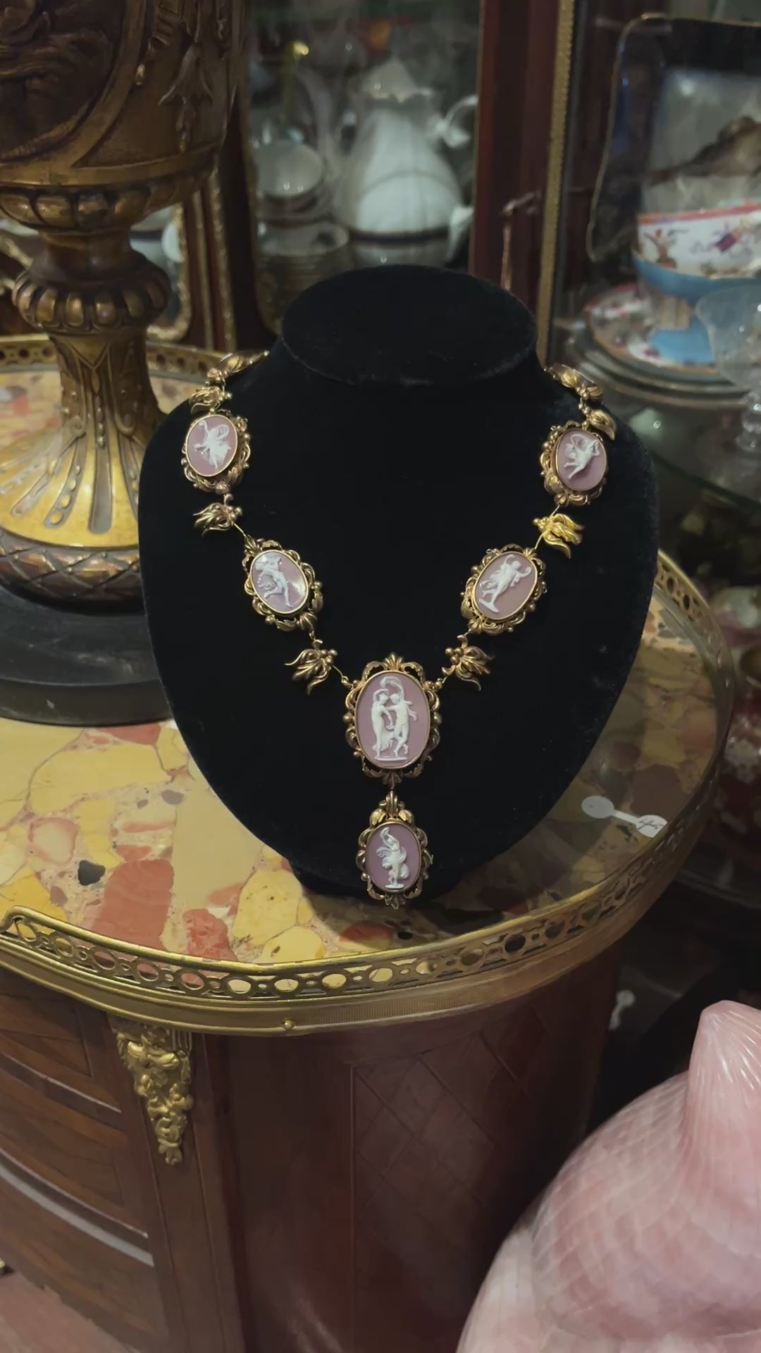 Antique 18K Gold Pink Agate Cameo Necklace