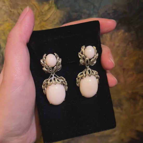 Vintage 14K Gold Coral Cabochon Earrings