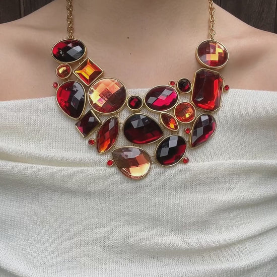 Vintage Joan River Gold Tone Red Glass Necklace