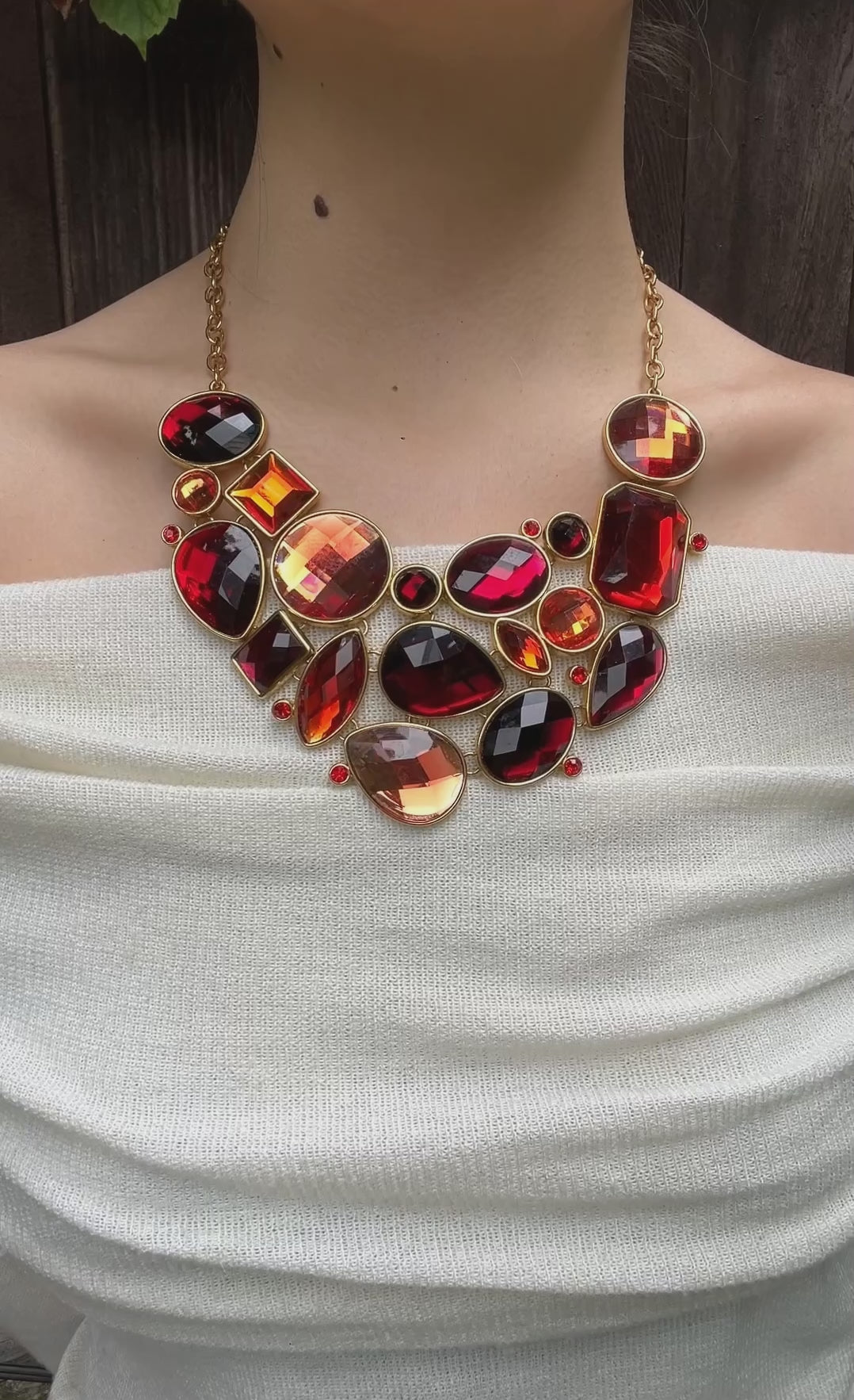 Vintage Joan River Gold Tone Red Glass Necklace