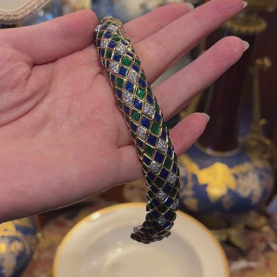 David Webb 18K Gold Diamond Enamel Textured Bracelet