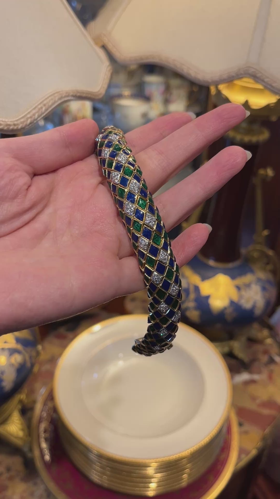 David Webb 18K Gold Diamond Enamel Textured Bracelet