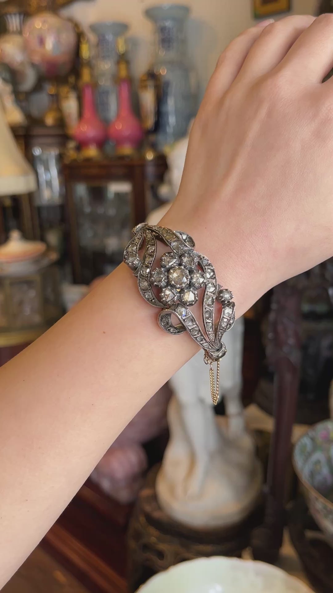 Antique 14K Gold & Silver Rose Cut Diamond Bracelet