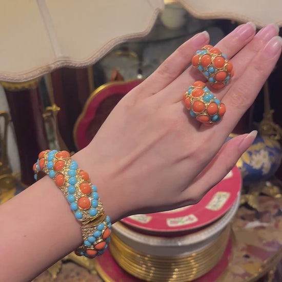 Vintage KJL Gold Tone Faux Turquoise Rhinestone Earrings & Bracelet Set