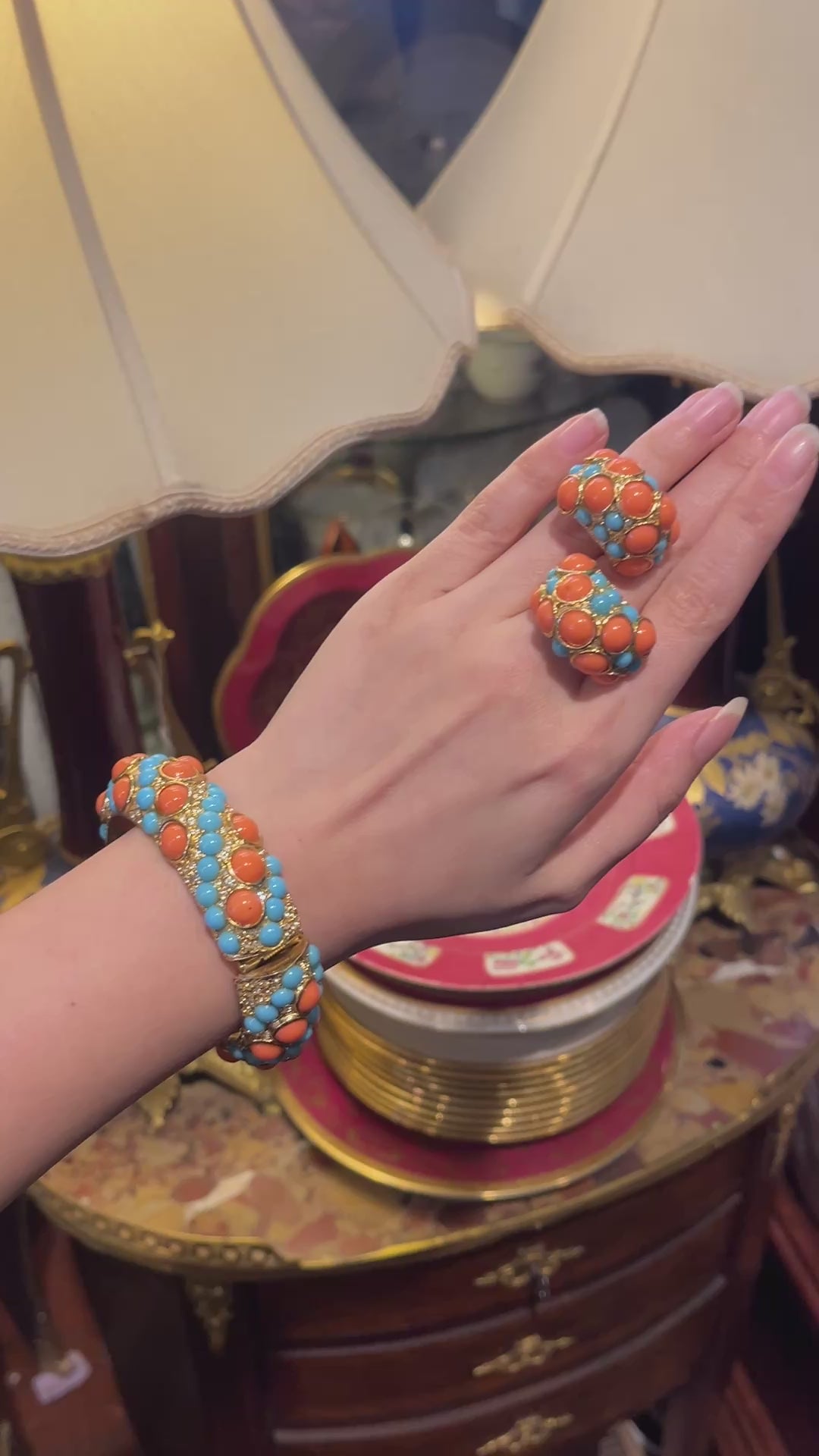 Vintage KJL Gold Tone Faux Turquoise Rhinestone Earrings & Bracelet Set