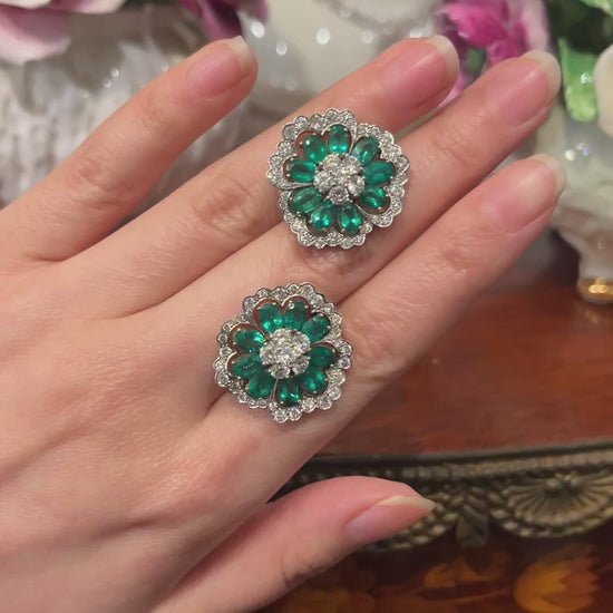 Van Cleef & Arpels 18K Gold & Platinum Diamond Emerald Flower Earrings
