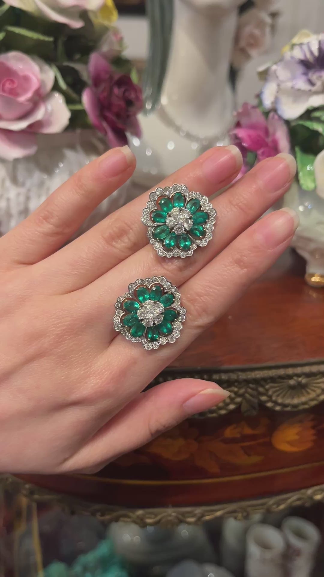 Van Cleef & Arpels 18K Gold & Platinum Diamond Emerald Flower Earrings