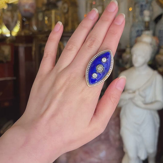 Georgian 18K  Gold Blue Enamel Diamond Ring