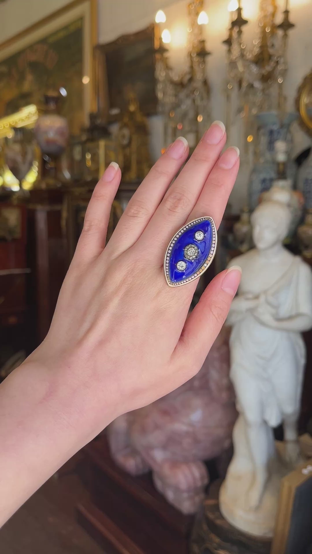 Georgian 18K  Gold Blue Enamel Diamond Ring
