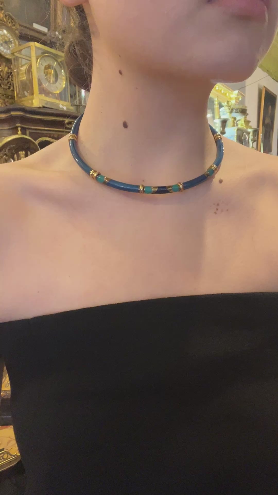 Vintage La Nouvelle Bague 18K Gold Turquoise Navy Enamel Necklace