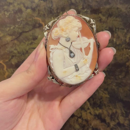Antique 14K Gold Diamond Violinist Cameo Brooch