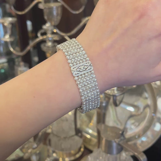 Vintage 18K White Gold Diamond Pearl Bracelet