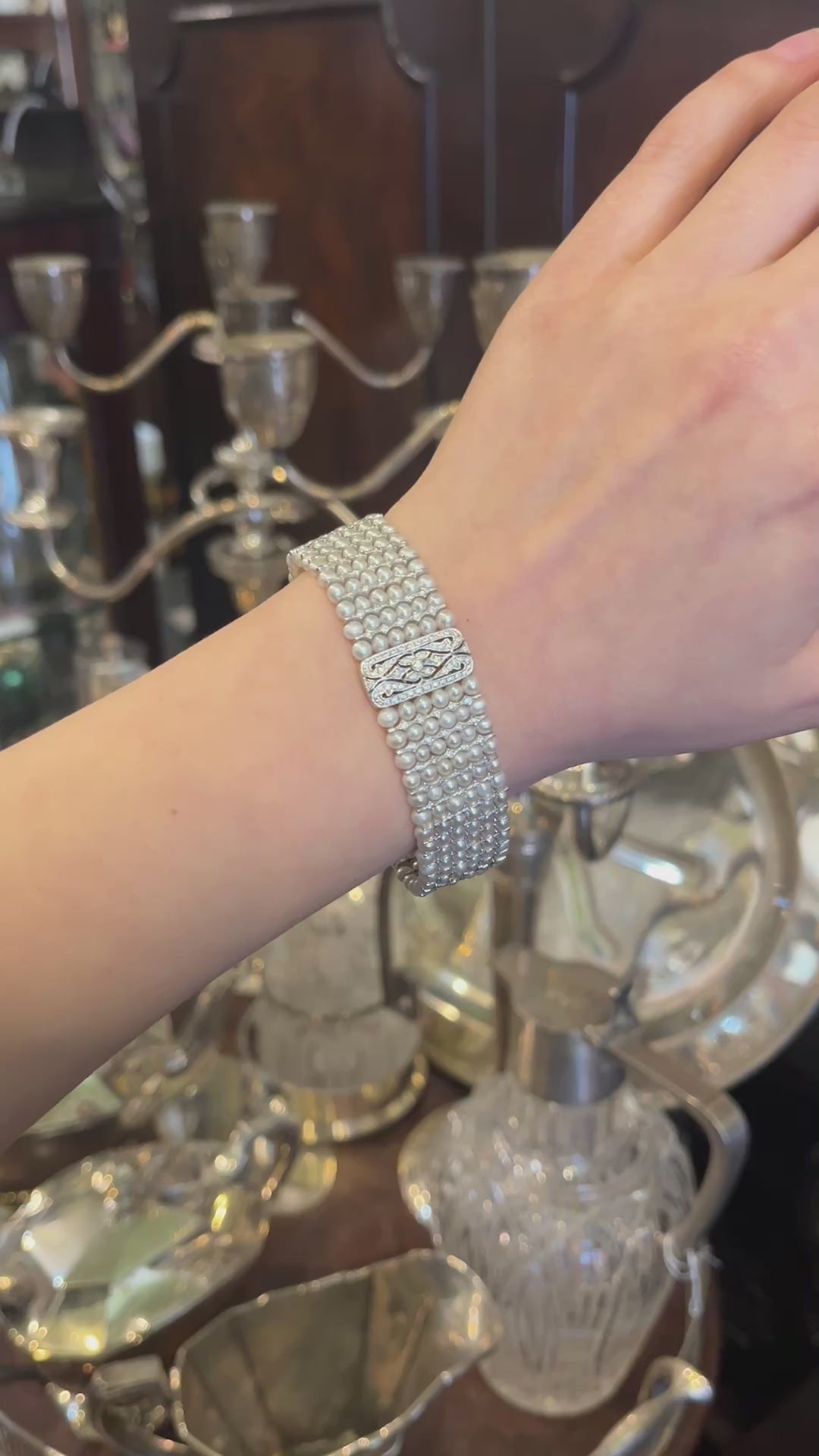 Vintage 18K White Gold Diamond Pearl Bracelet