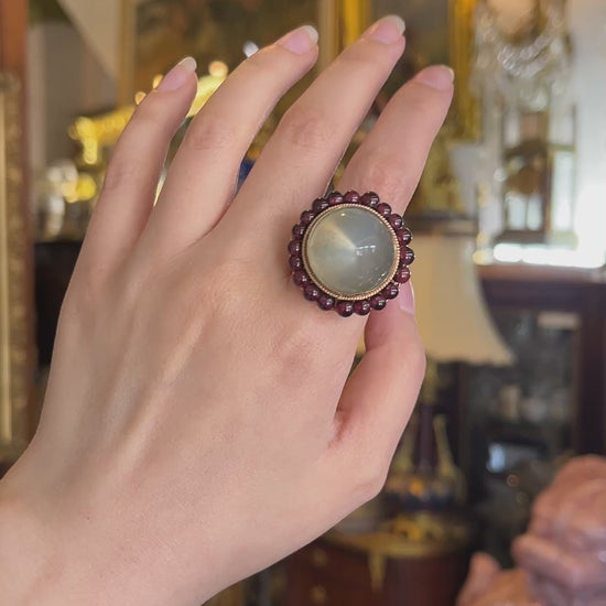 14K Gold Garnet Beads Moonstone Ring
