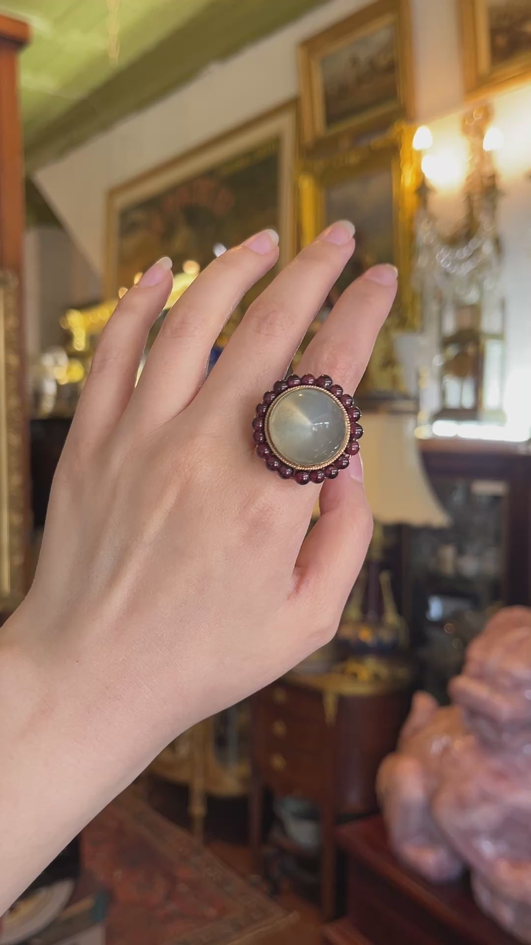 14K Gold Garnet Beads Moonstone Ring