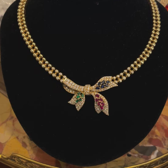 Vintage 18K Gold Ruby Emerald Sapphire Diamond Bow Tie Necklace