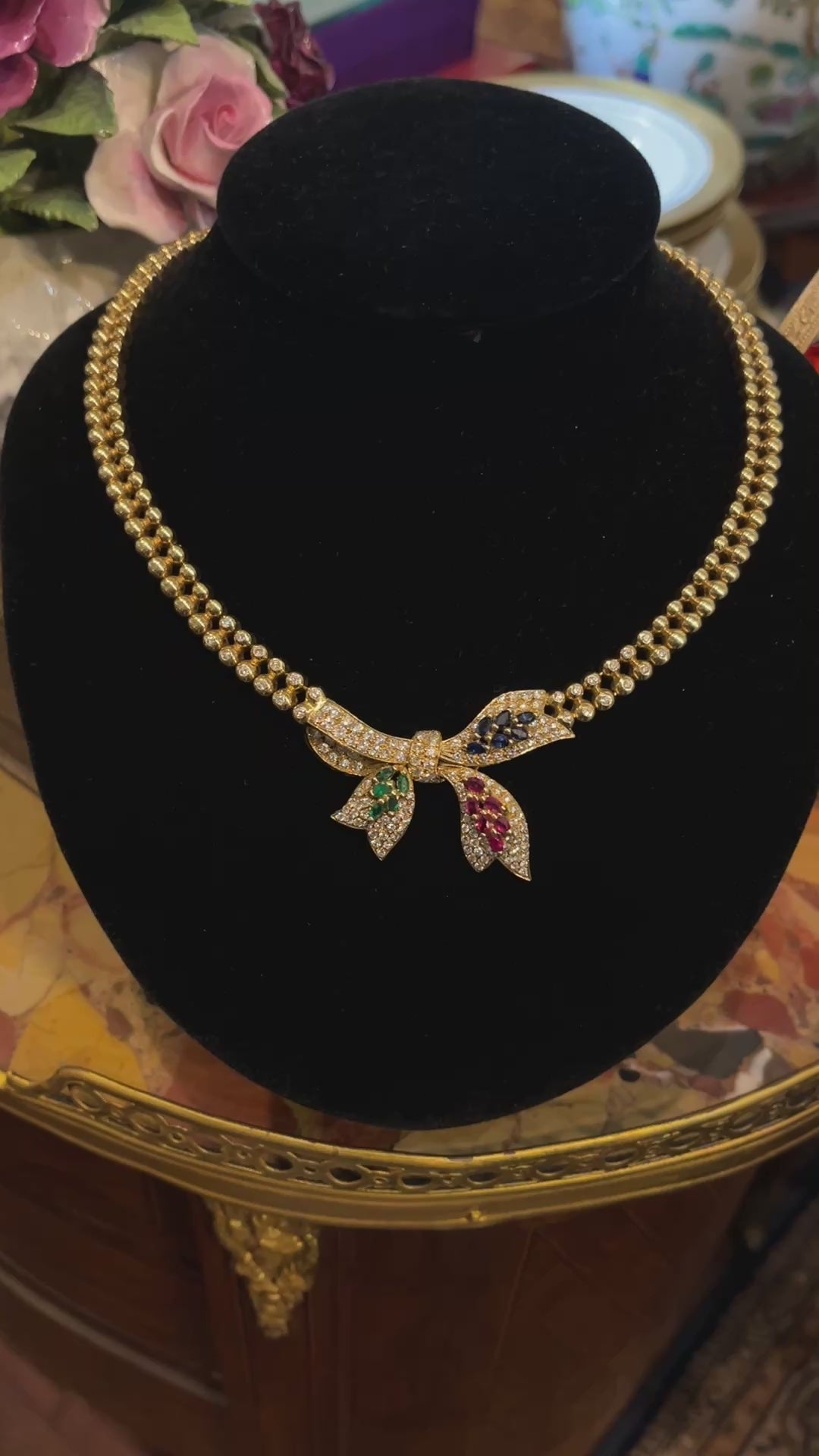 Vintage 18K Gold Ruby Emerald Sapphire Diamond Bow Tie Necklace