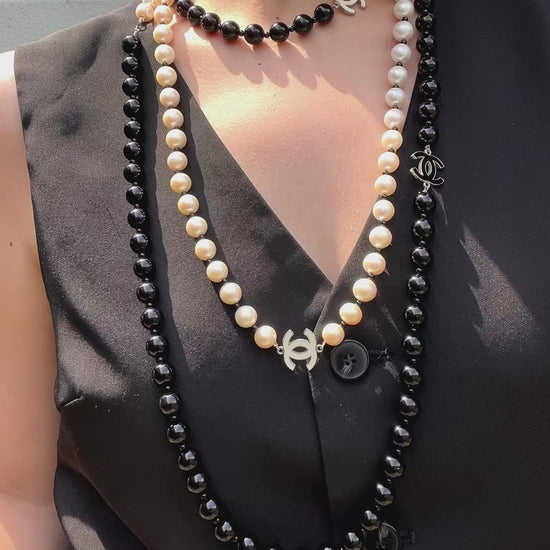 Chanel Black & White Faux Pearl Enamel Cc Logo Long Necklace