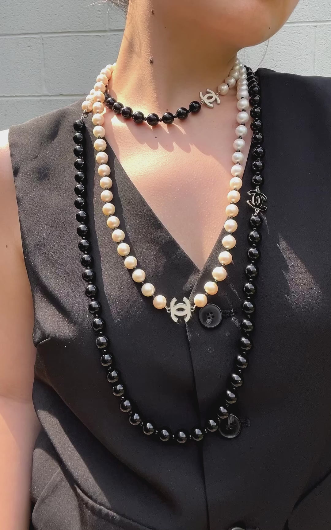 Chanel Black & White Faux Pearl Enamel Cc Logo Long Necklace