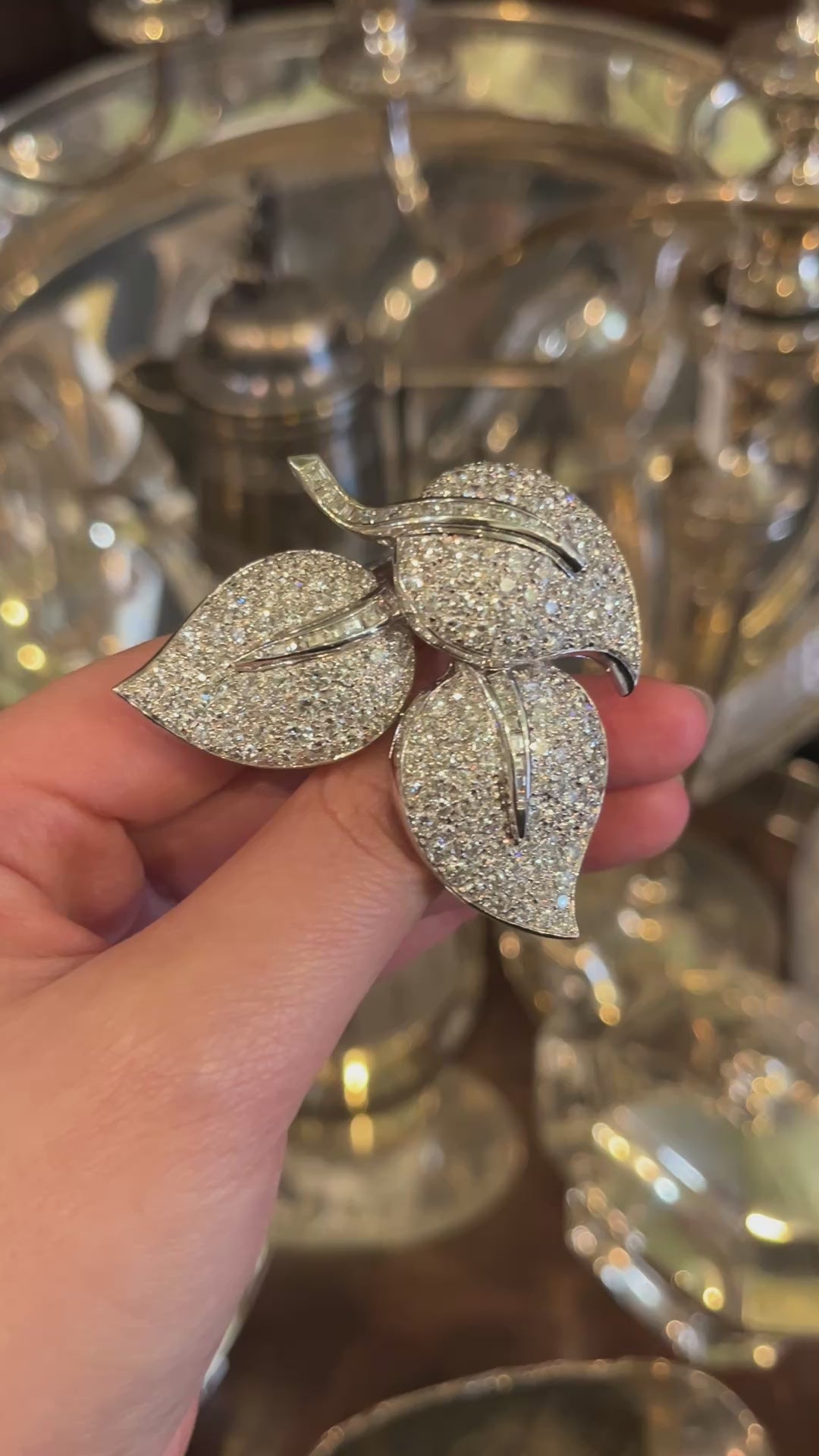 Vintage 18K White Gold Diamond Leaf Brooch