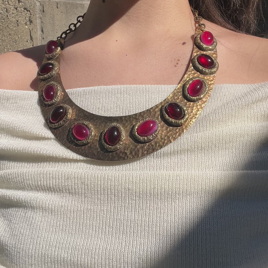 Darren Manes Gold Tone Red Gripoix Cabochons Statement Necklace