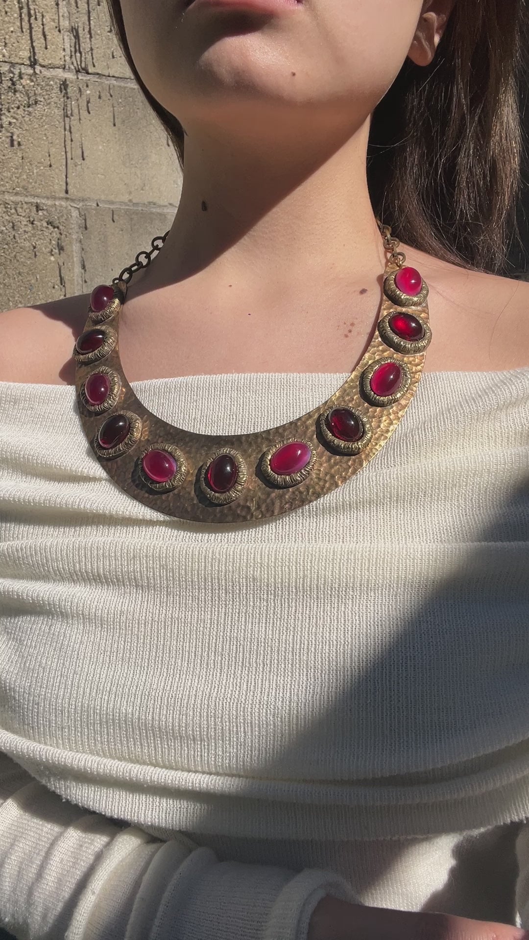 Darren Manes Gold Tone Red Gripoix Cabochons Statement Necklace