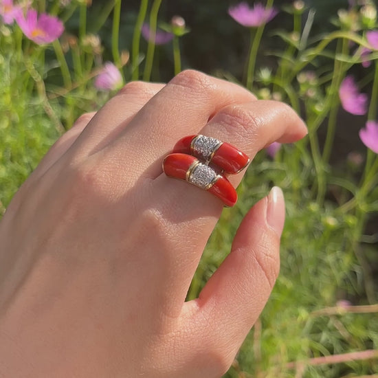 18K Gold Coral Diamonds Ring Bypass Ring