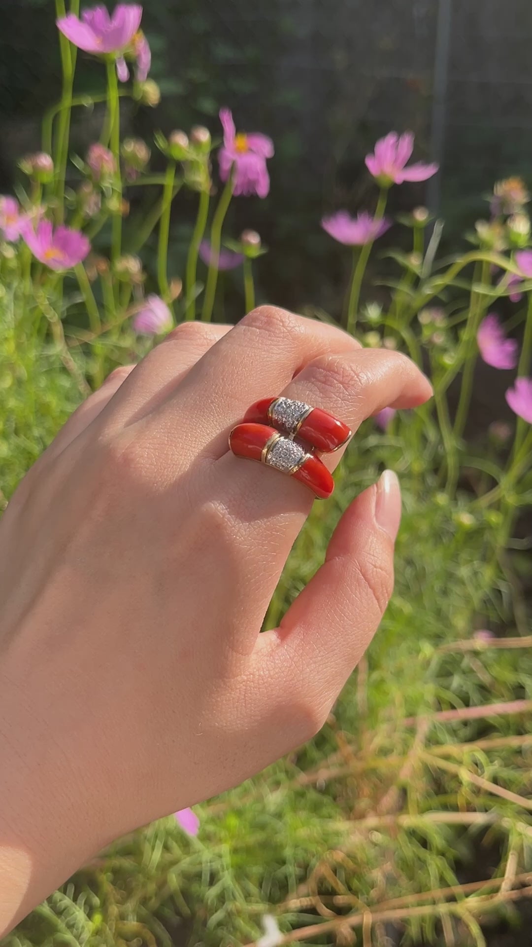 18K Gold Coral Diamonds Ring Bypass Ring