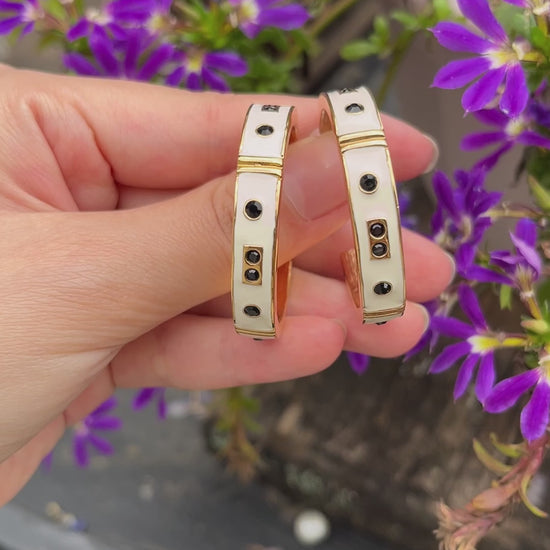 Vintage KJL Gold Tone White Enamel Black Rhinestone Earrings