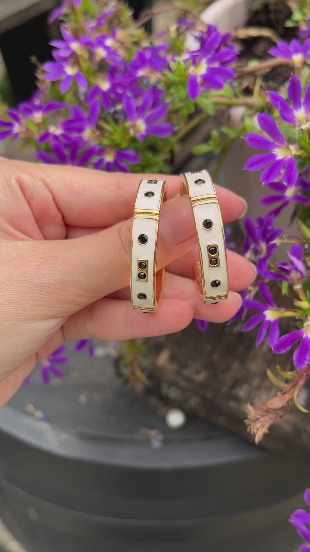 Vintage KJL Gold Tone White Enamel Black Rhinestone Earrings