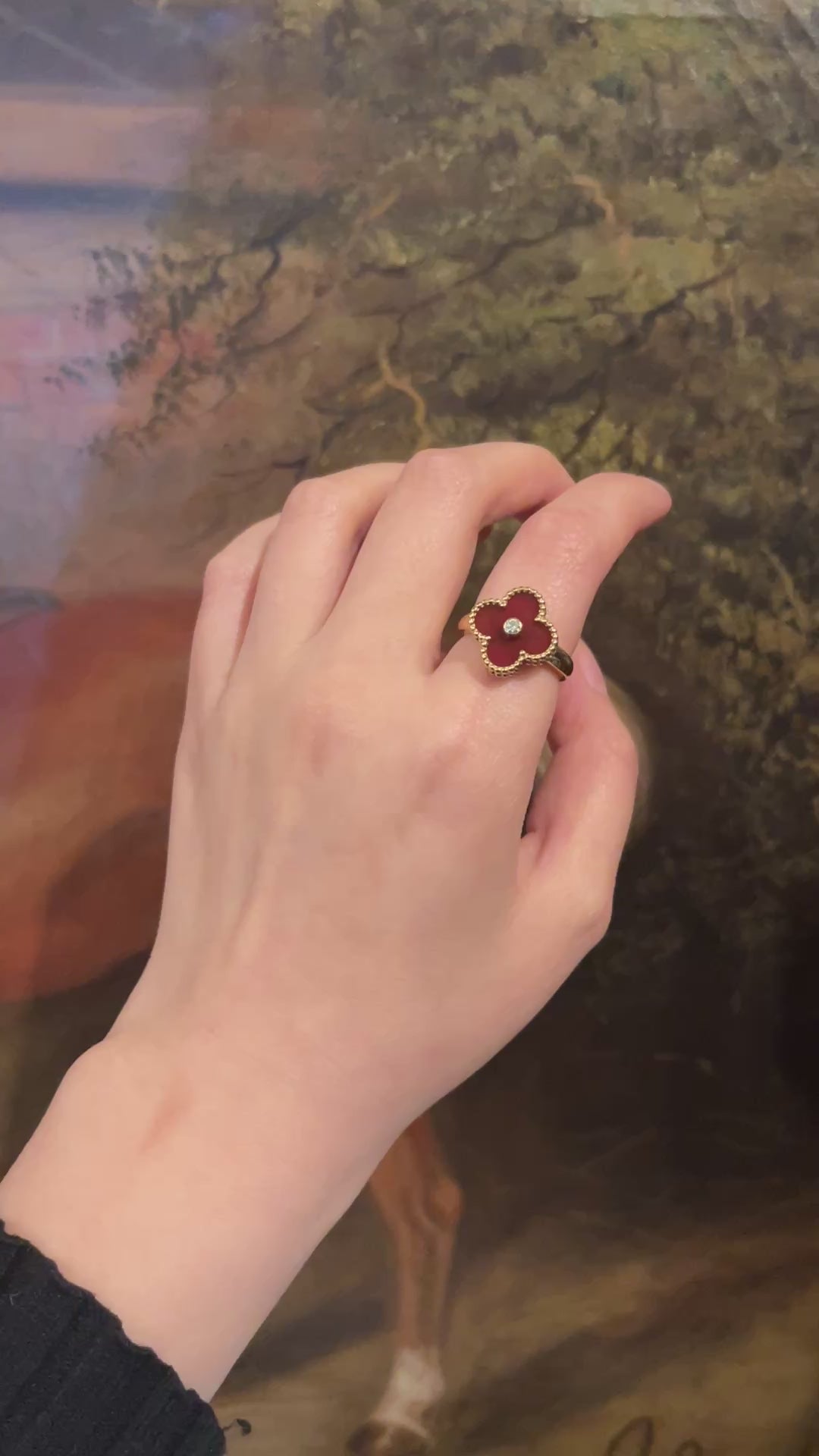 Van Cleef & Arpels 18K Gold Carnelian Diamond Alhambra Ring