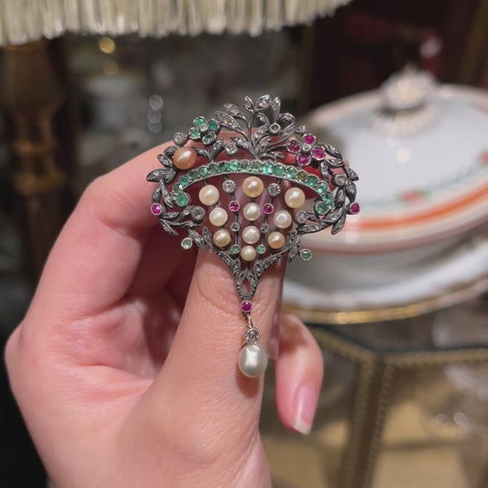 Victorian Gold & Silver Emerald Ruby Pearl Diamond Brooch