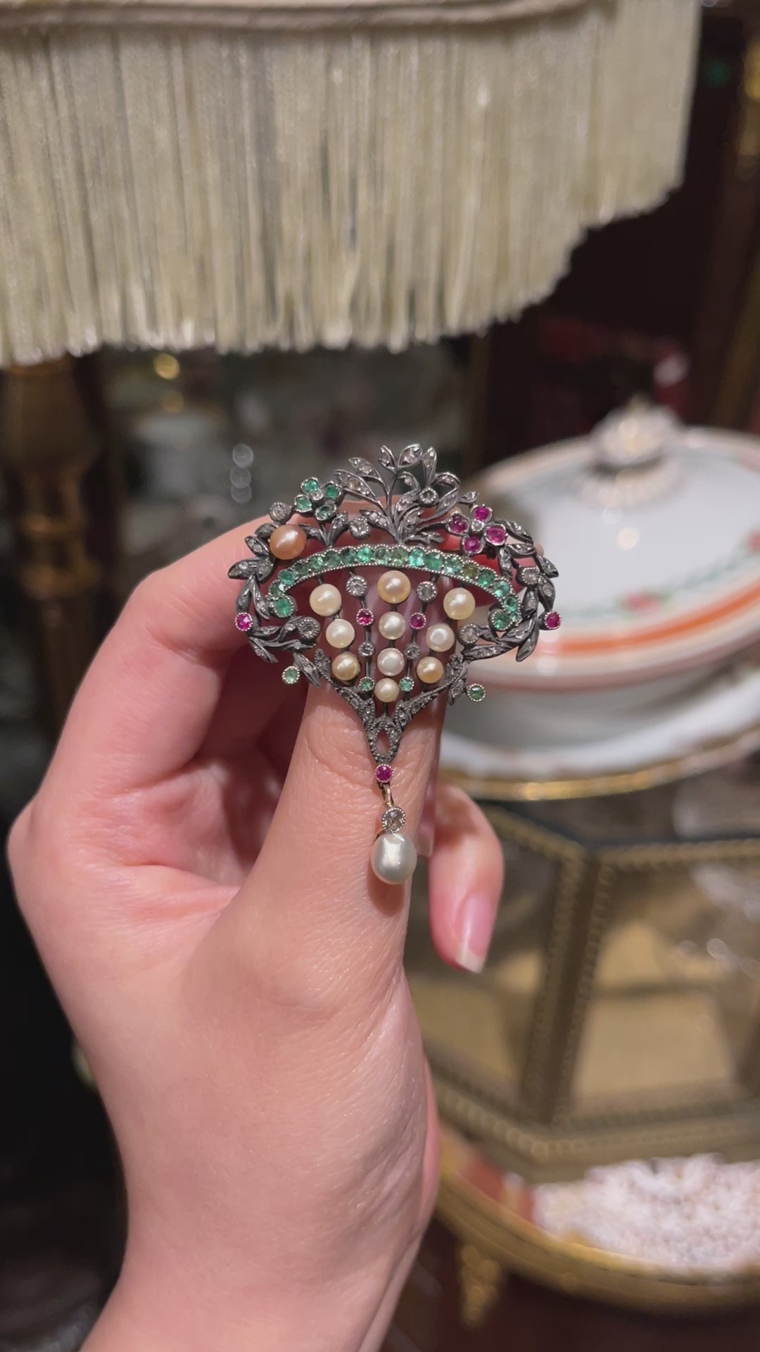 Victorian Gold & Silver Emerald Ruby Pearl Diamond Brooch