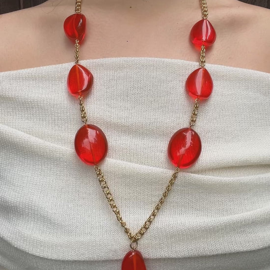 Vintage KJL Gold Tone Red Resin Chain Necklace