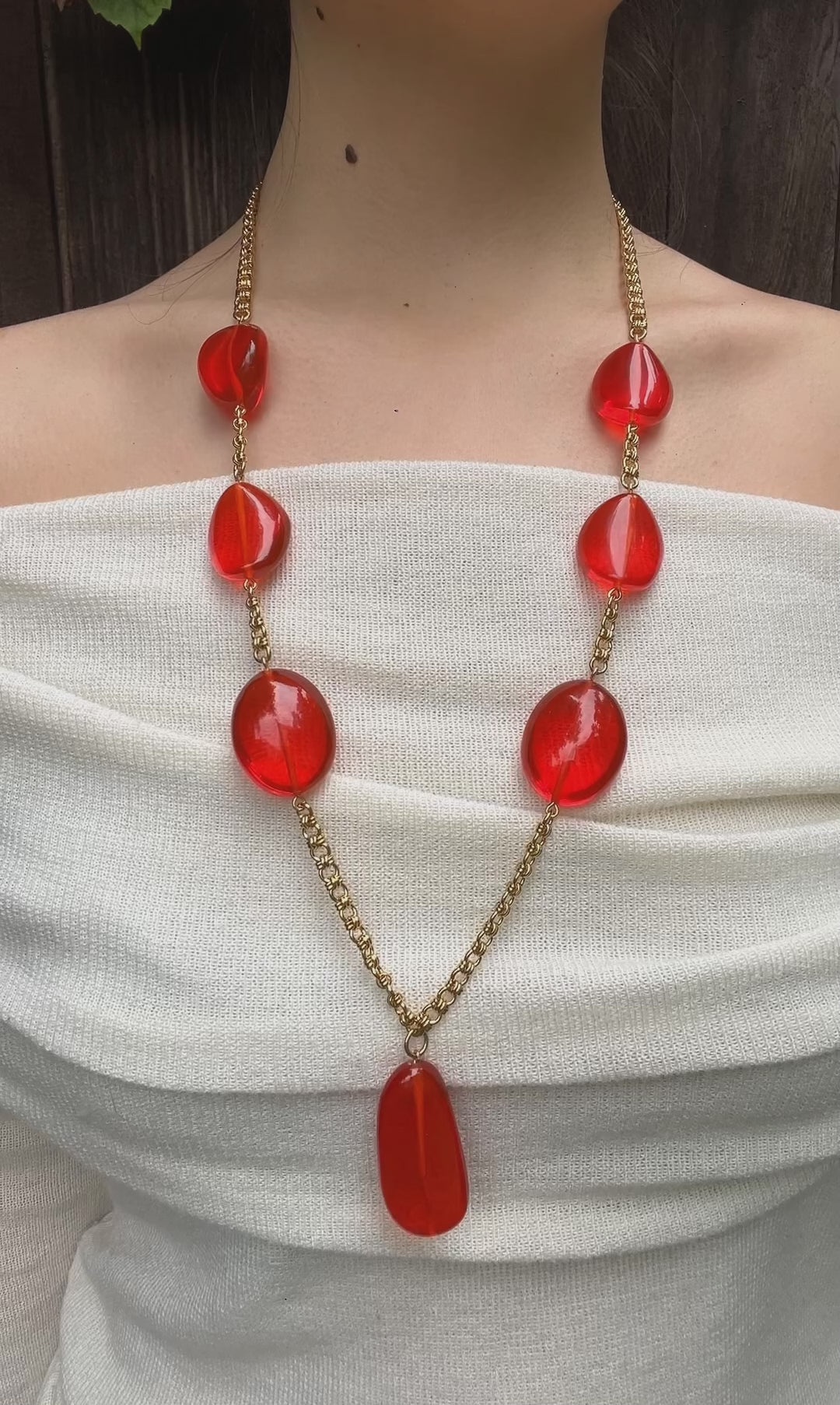 Vintage KJL Gold Tone Red Resin Chain Necklace