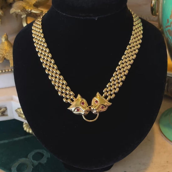 Vintage 14K Gold Ruby Panther Fox Necklace