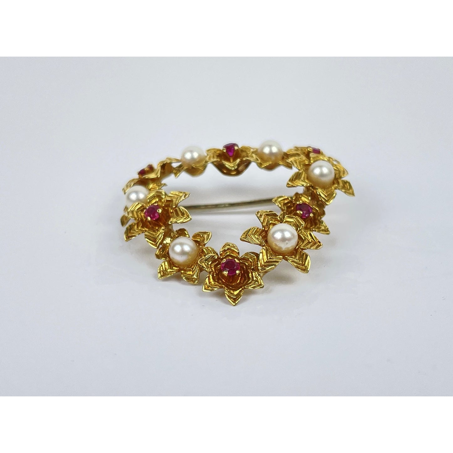 Vintage Tiffany & Co. 18k Gold Ruby Pearl Heart Brooch Pin