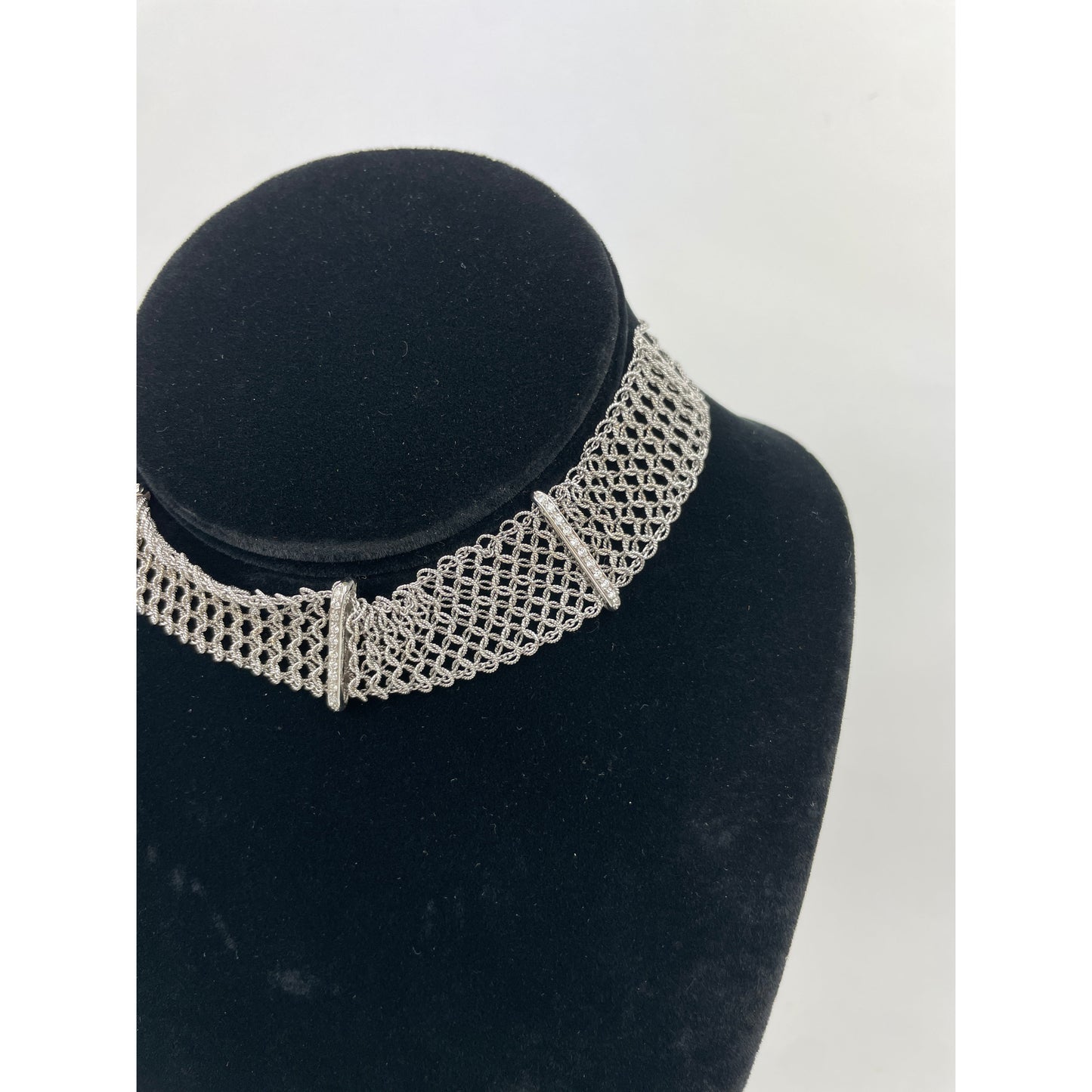 Vintage 18k White Gold Diamond Mesh Choker Necklace