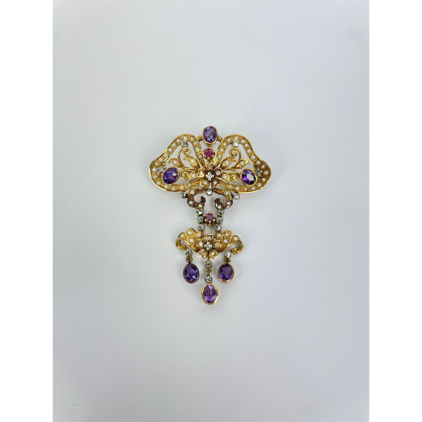 Victorian Pearl Amethyst Diamond Pendant Brooch