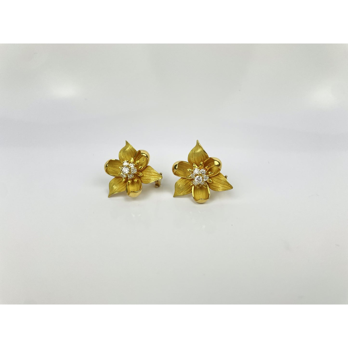 Pair of Tiffany & Co. Classic Collection 18k Gold Diamond Dogwood Flower Earrings